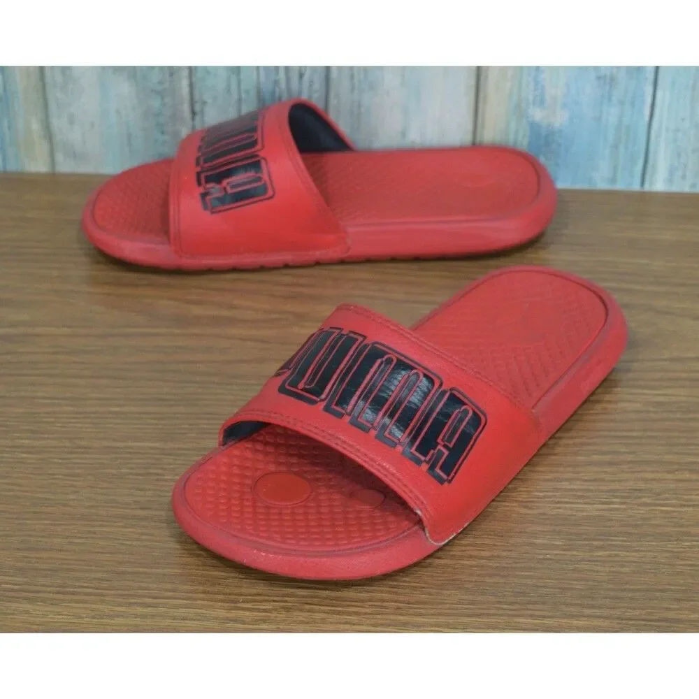 PUMA Kids Slides Sandals Youth Size 2C Red Black Logo Cool Cat High Risk Red